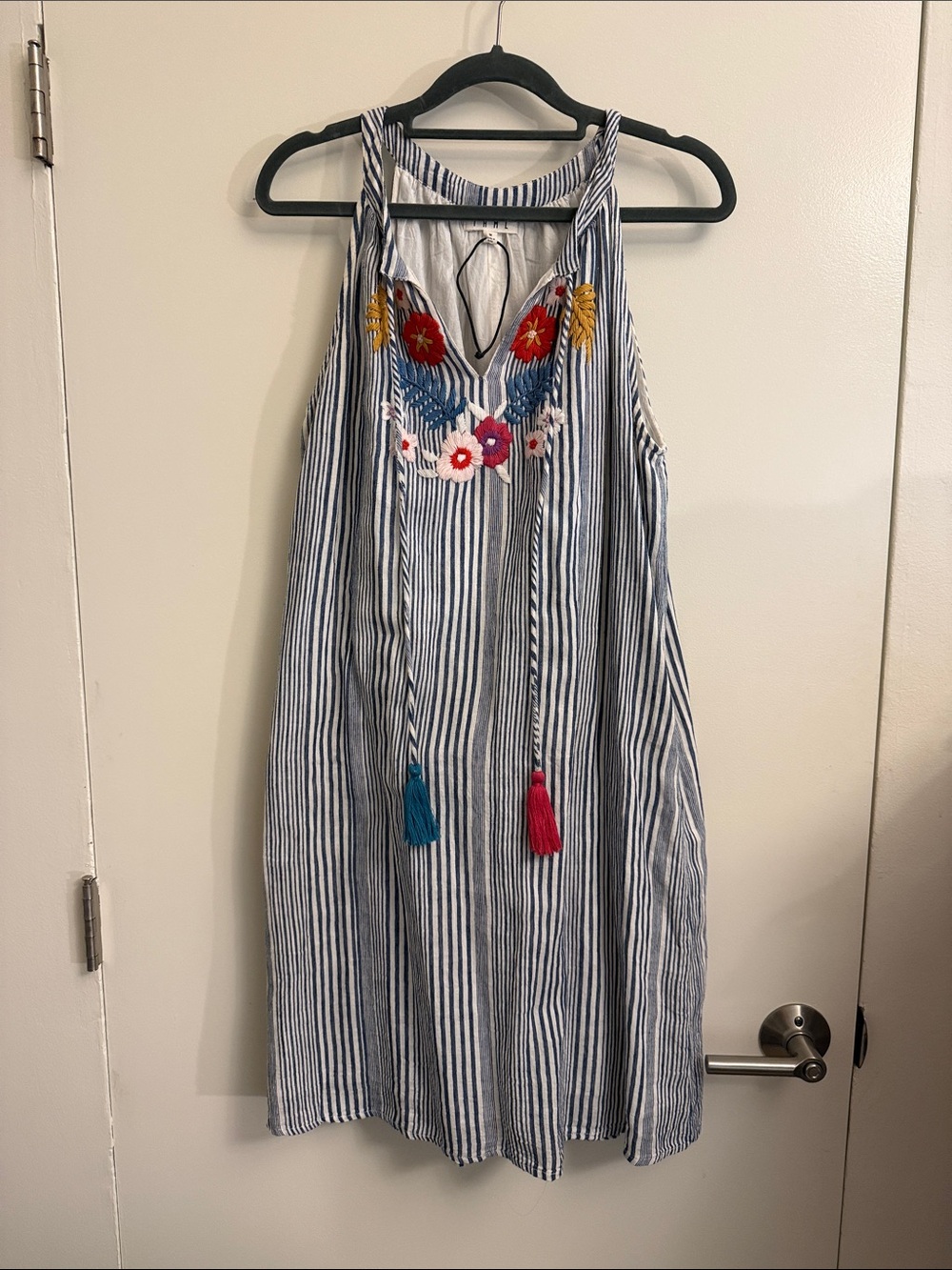 THML Blue & White Striped Embroidered Tassel Halter Dress